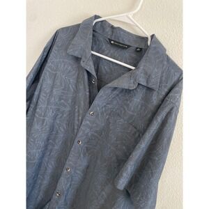 TravisMathew Mens XXL Button Down Short Shirt Grey Blue Palm Trees Print Golf